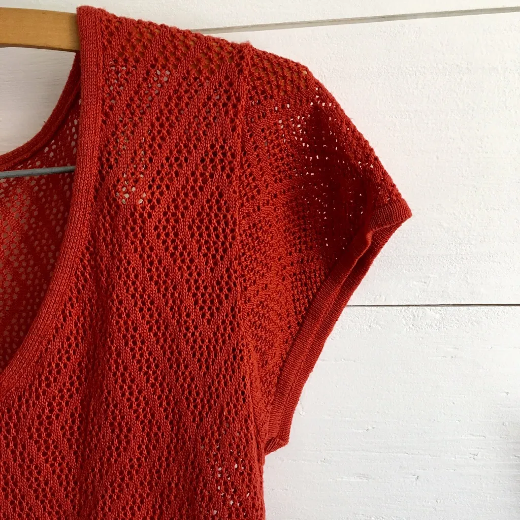 Vintage Y2K Red Orange Short Sleeve Tie Waist Crochet Mesh Festival Top Sz Small - Image 3