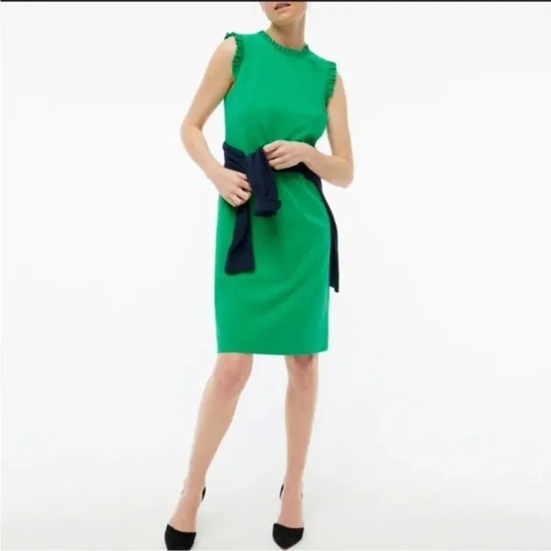 J. Crew Sleeveless Ruffle Neck Knee Length Sheath Dress 10 Modern Kelly Green - Image 11
