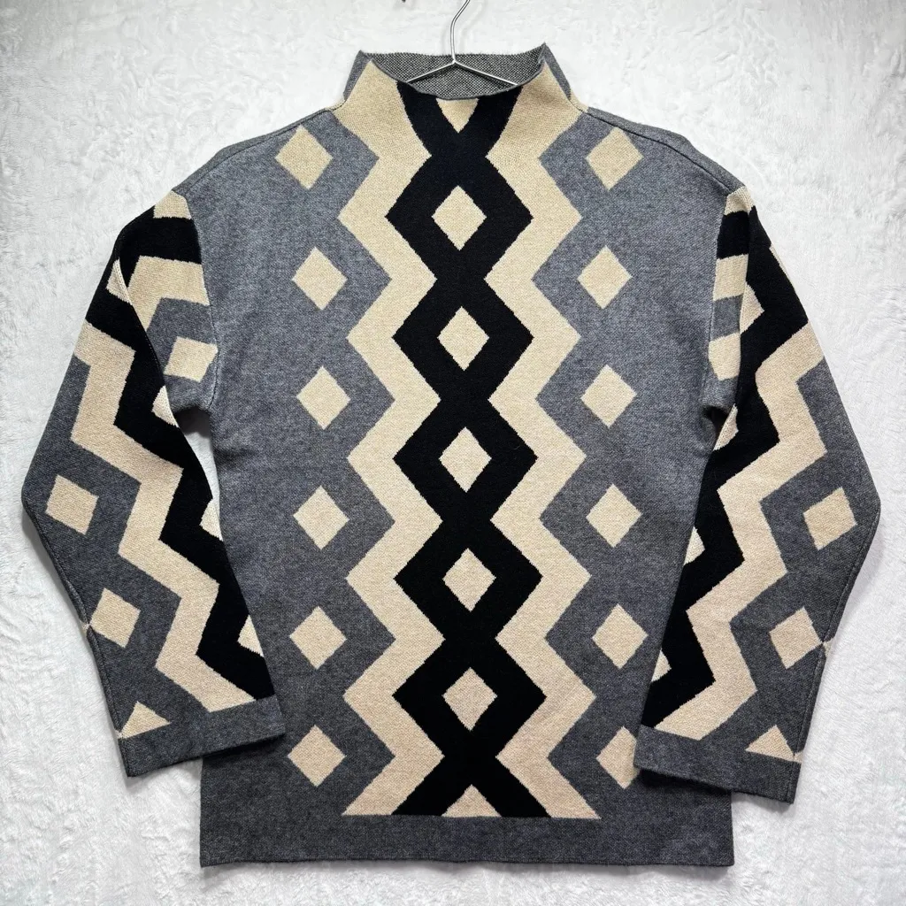 APNY Sweater Funnel Mock Neck Diamond Argyle Design Black Gray Beige Small - Image 1
