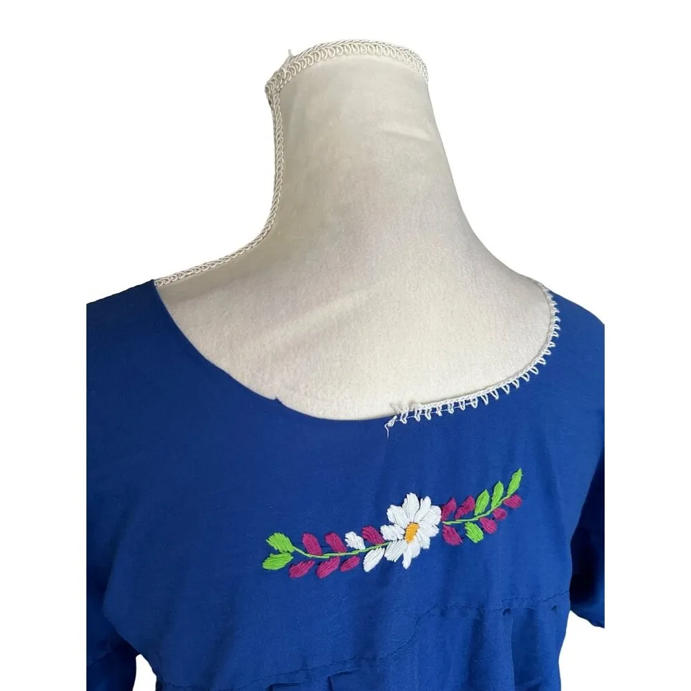 Handmade Mexican Embroidered Blue Cotton Dress Floral Bohemian Style With Flaw Size M - Image 6