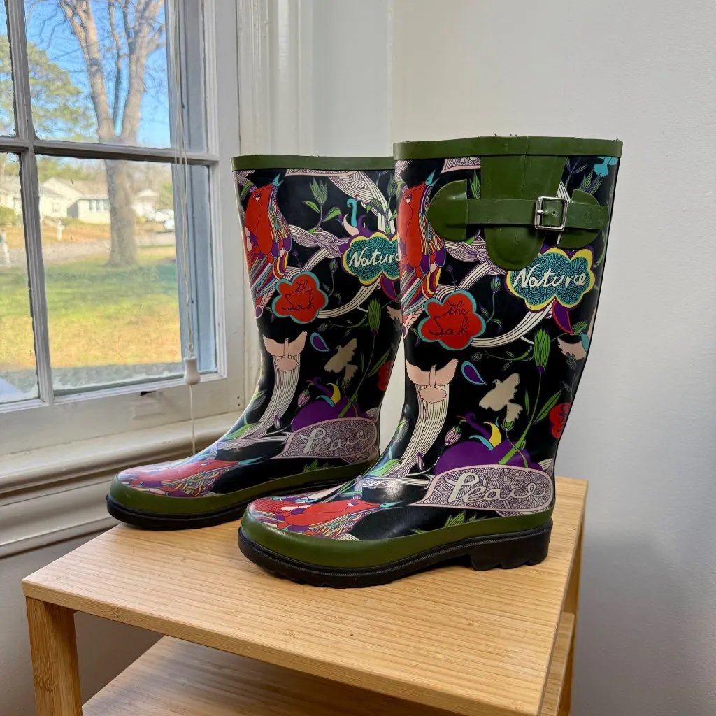 Rubber Tall Rain Boots Forest Green Wellies The Sak Peace Nature Womens Size 8 - Image 3