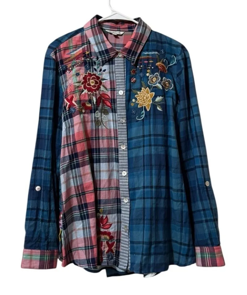 John Mark Women Size Large Button Down Floral Embroidered Flannel Boho Peasant - Image 1