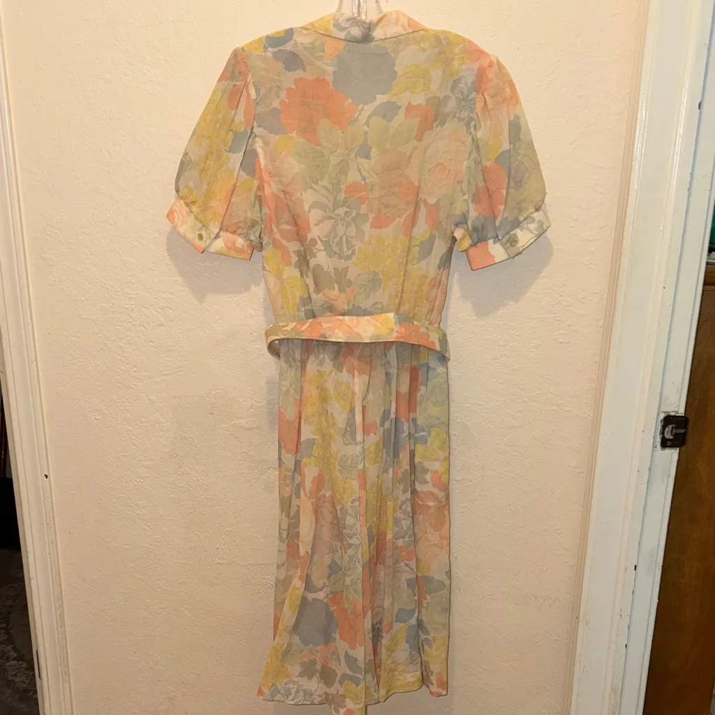 Vintage Pastel Floral Short Sleeve Dress with Belt Pink Size XL - Image 4