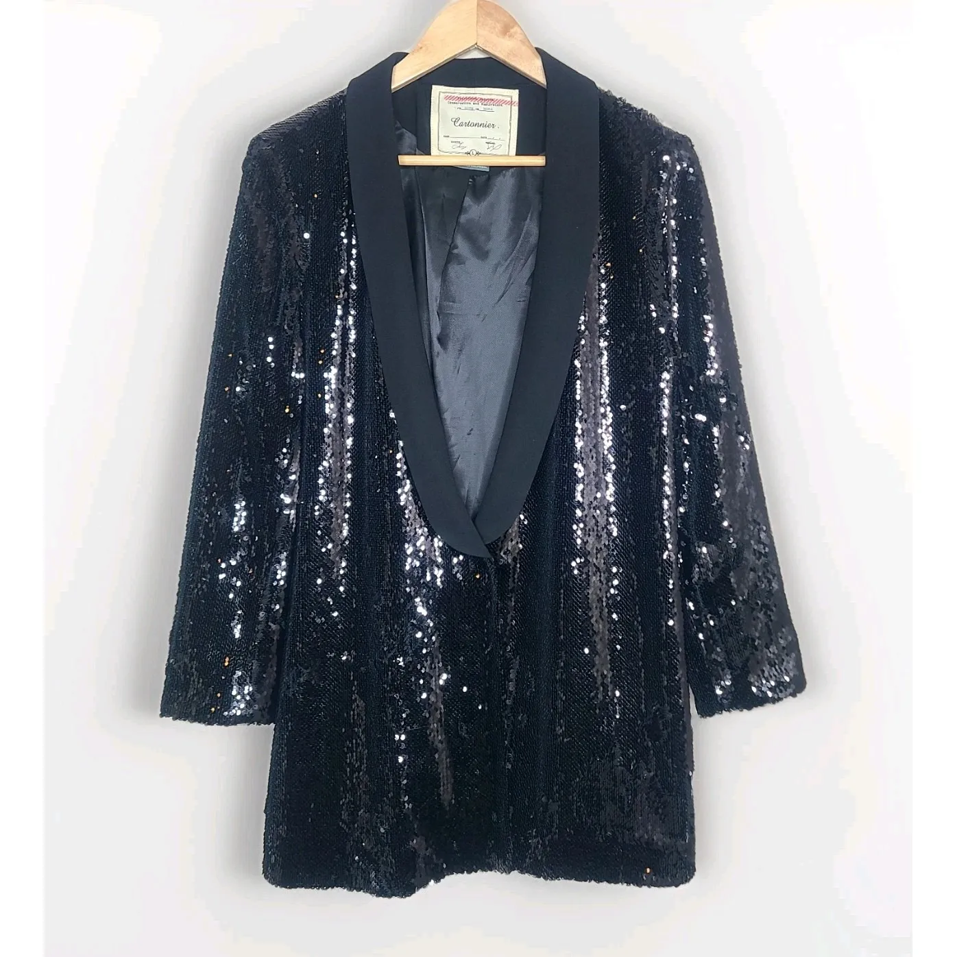 Anthropologie Cartonnier Sequined Black Shawl Collar Blazer Size L Holiday Party Size L - Image 2