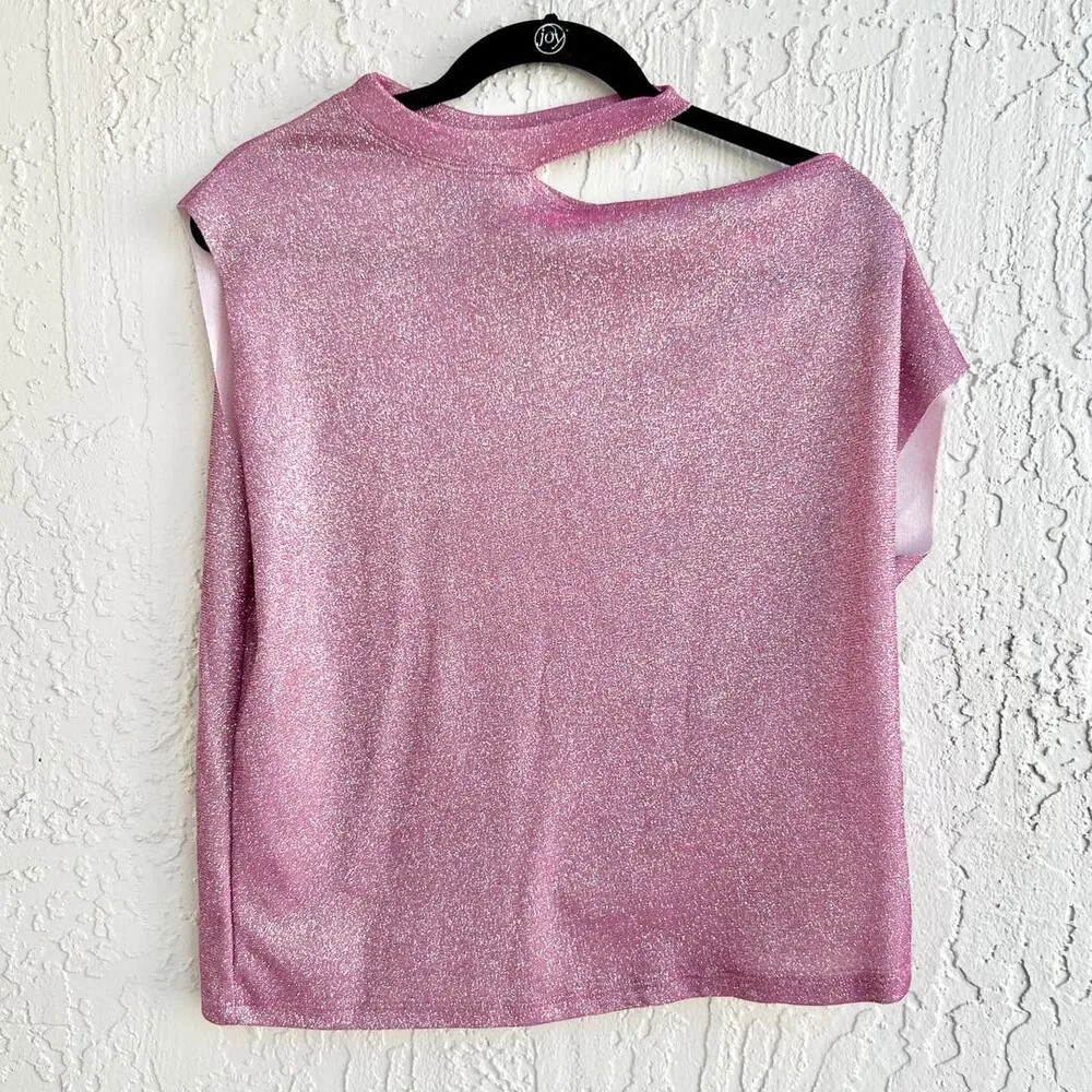 R+A Axel Glitter Cutout Asymmetrical Neck Blouse Top Disco Pink Women's Size M Size M - Image 3