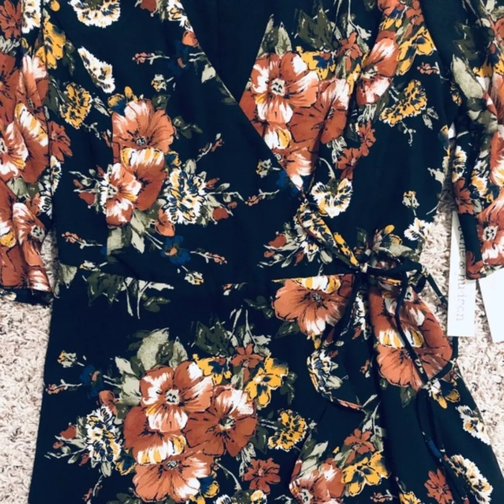 June & Hudson Wrap Mini Dress Floral Print Black Orange Brown Size L NWT $90 - Image 6