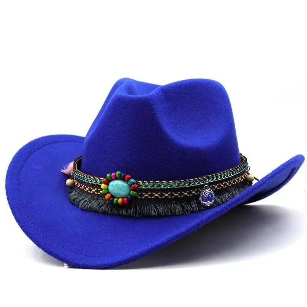 Blue Western Cowboy, Cowgirl Hat, Bead Tassle Strap, Men Women‎ Retro Wide Brim - Image 4