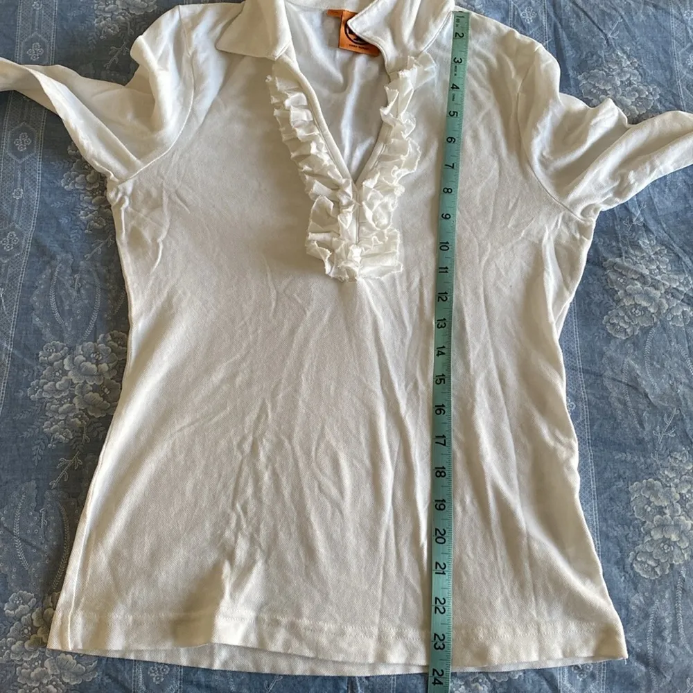 Tory Burch White long sleeve polo S v neck ruffle front cotton spandex - Image 8