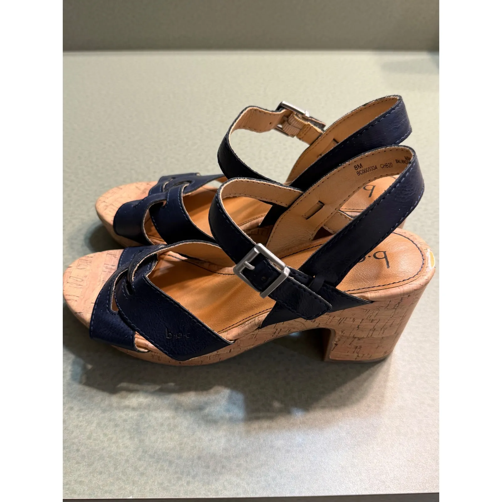 boc Born Shoes Navy Blue Leather Cork Chunky Heel Sandals Women Size 8M - Image 7