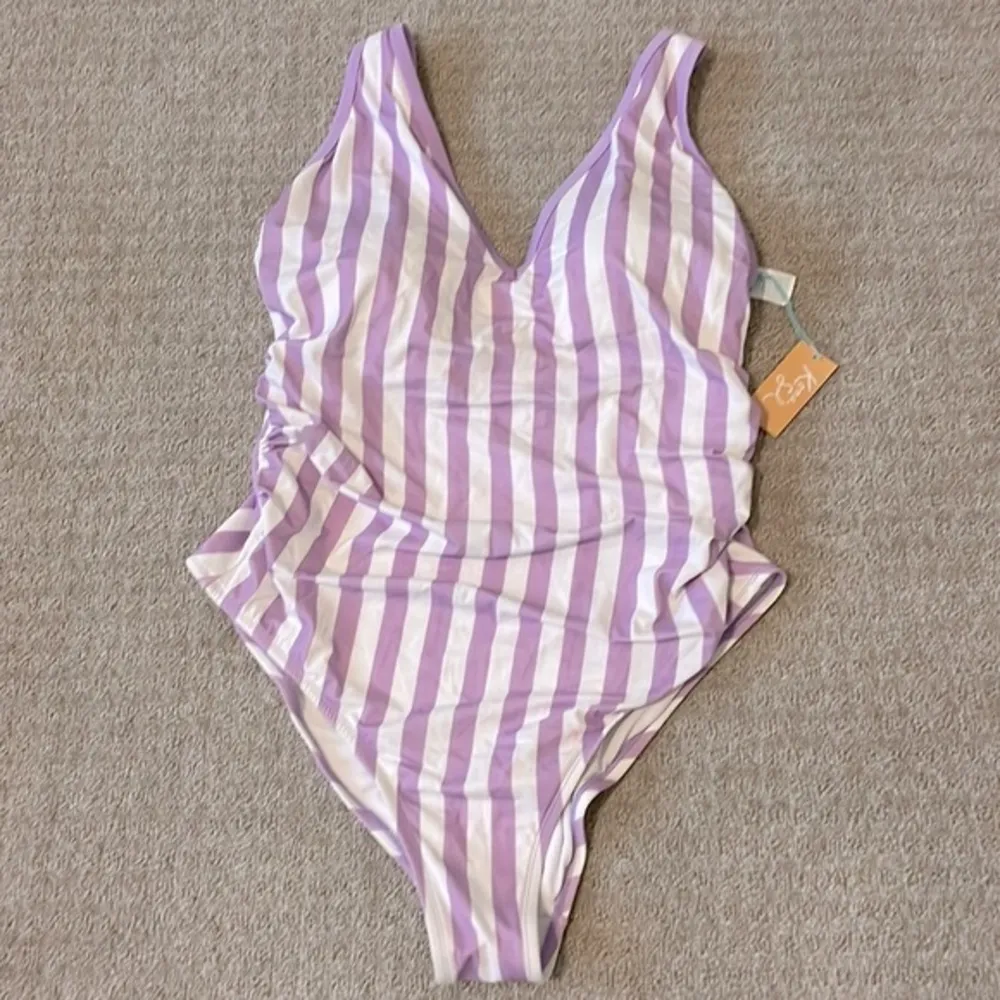 NWT- Kona Sol Lilac & White Stripes V-Neck One Piece Swimsuit - Image 3