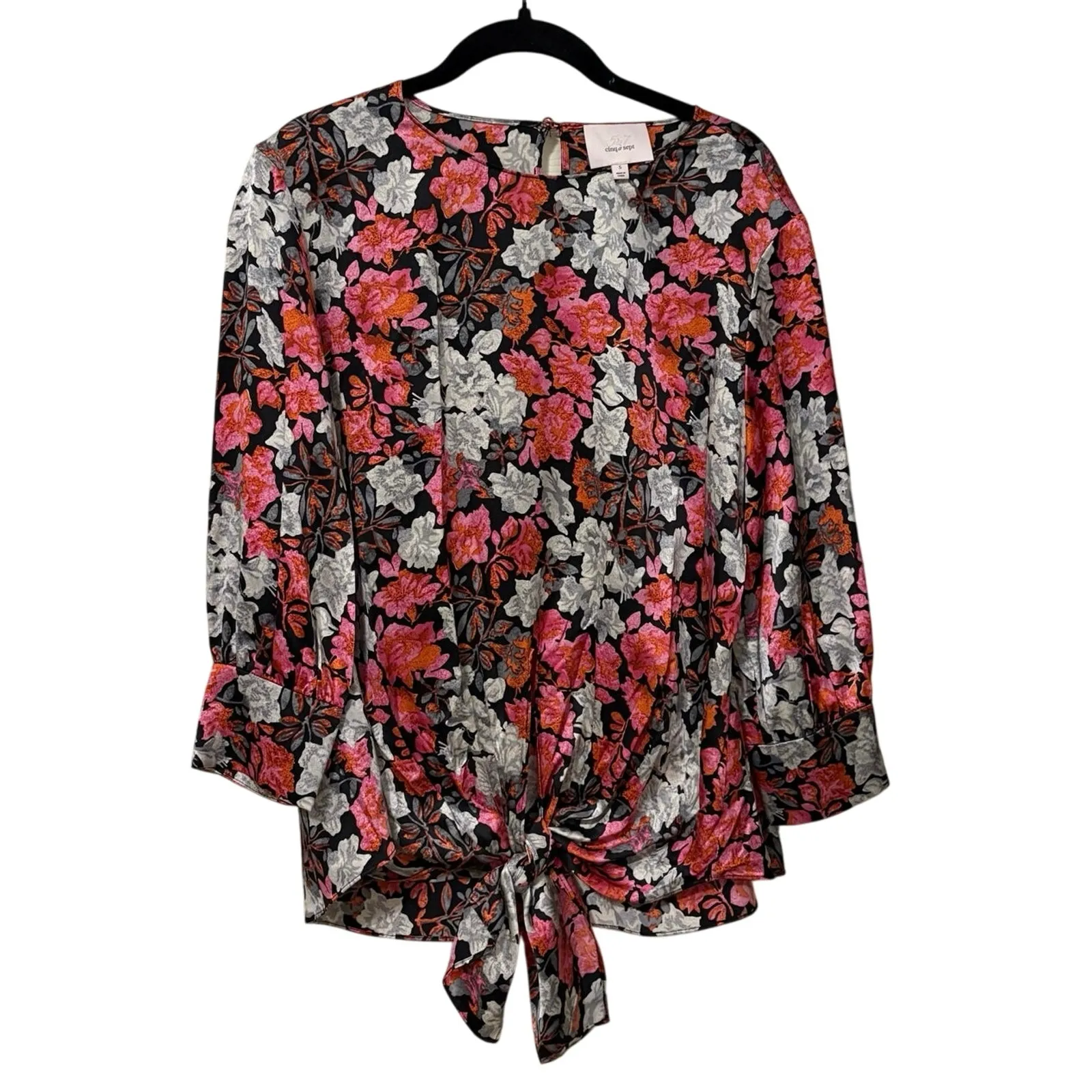 Cinq A Sept 100% Silk Pink Black Floral Jenny Blouse Top Size Small - Image 3