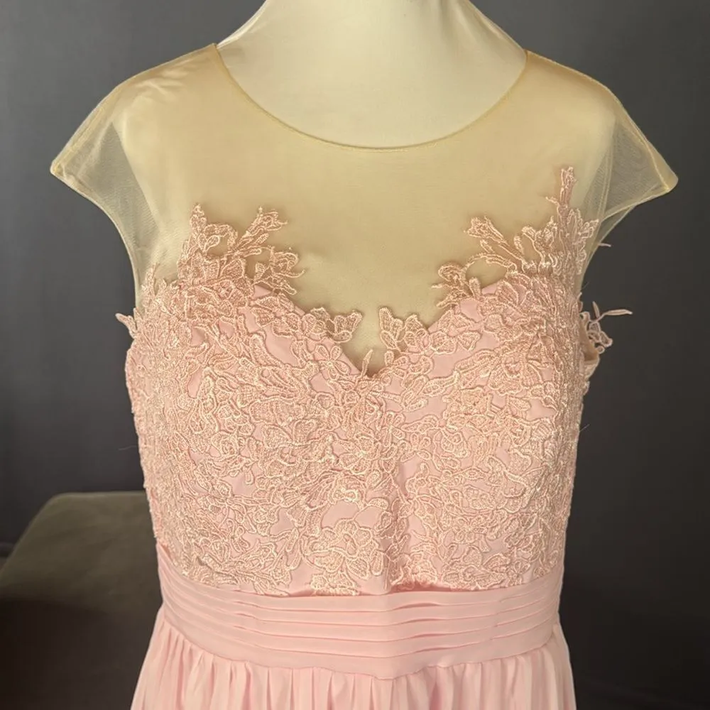 Woman’s Pink Formal Dress Gown with Sheer Lace Top Leg Slit Zip Back Size 14 - Image 2