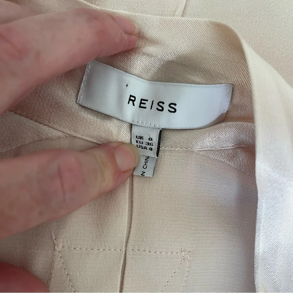 Reiss "Ray" Blush Pink Satin Midi Shirt Dress V-Neck Neck Tie Neutral Size 4 - Image 9