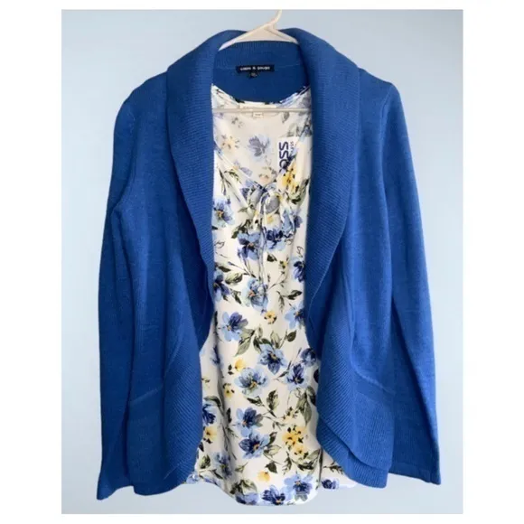 Cable & Guage 2Pc Set~Lg Blue Sweater Cardigan & XL Blue & Yellow Floral Blouse - Image 2