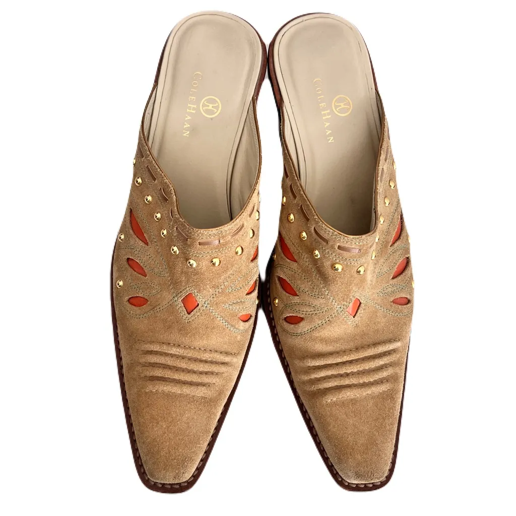 Vintage Cole Haan Tan Suede Embellished Western Cowboy Mules, Size 9.5 - Image 6