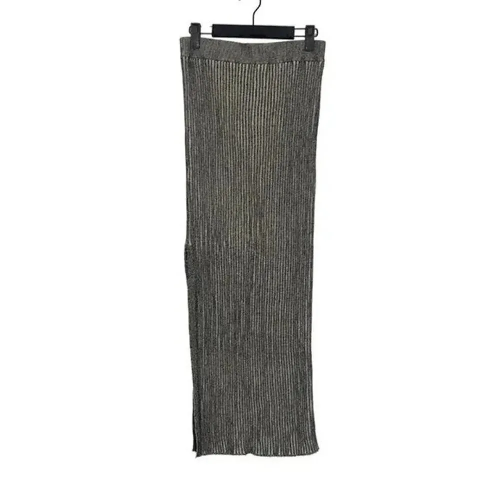 ZARA High Waisted Ribbed Knit Pullon Midi Pencil Skirt SideSlit M Grey Black - Image 15