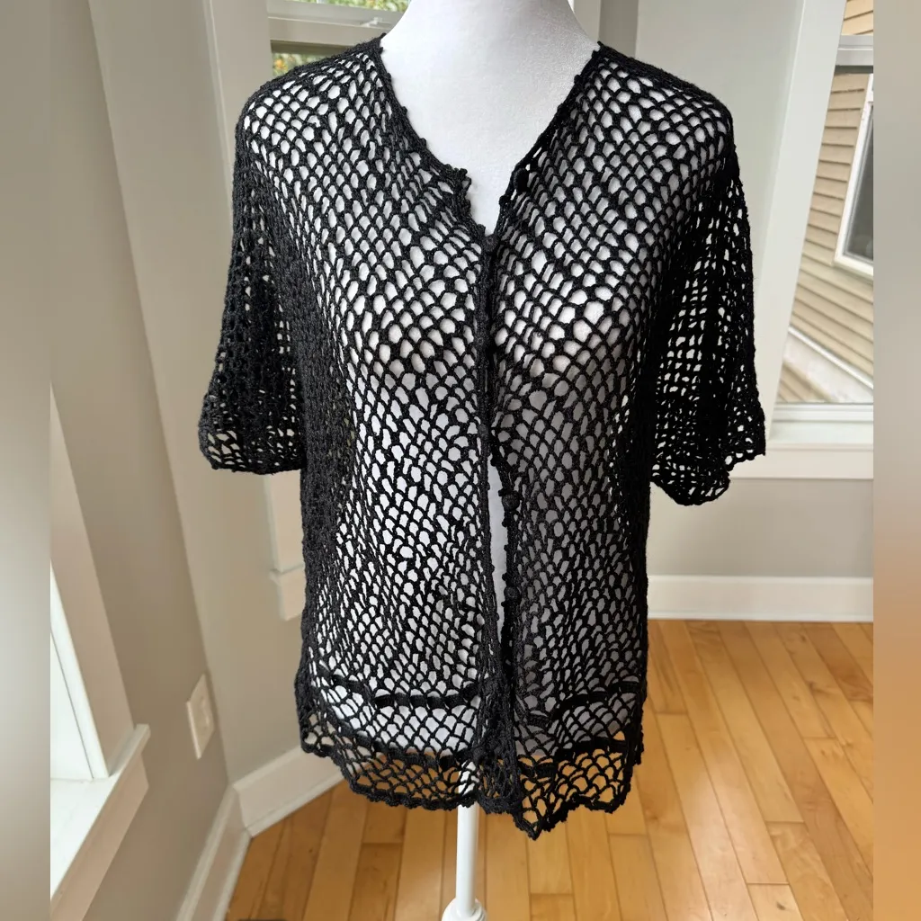 Vintage Black Crochet Short Sleeve Cardigan Sweater Cover Up Fits Medium - Image 7