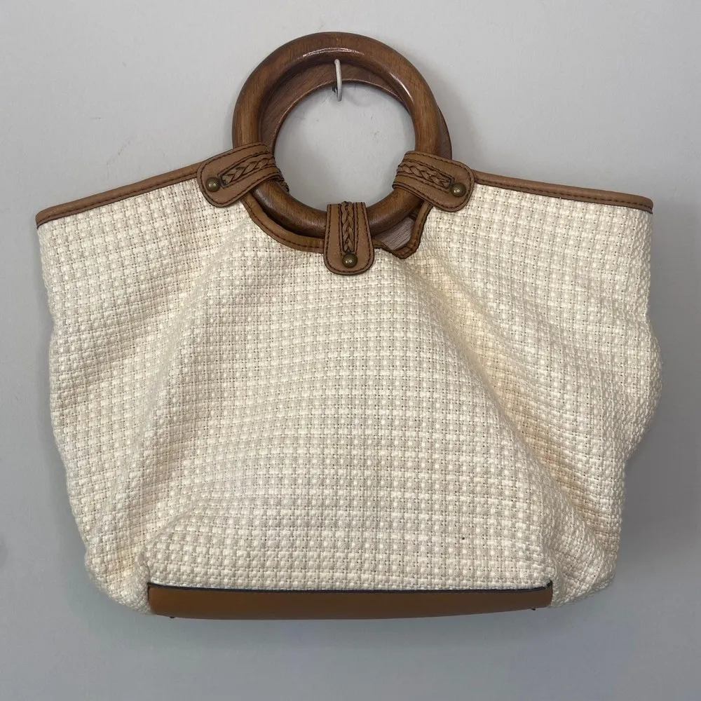 Fossil Tan Tweed Straw Summer Shoulder Bag Wooden Handle - Image 3