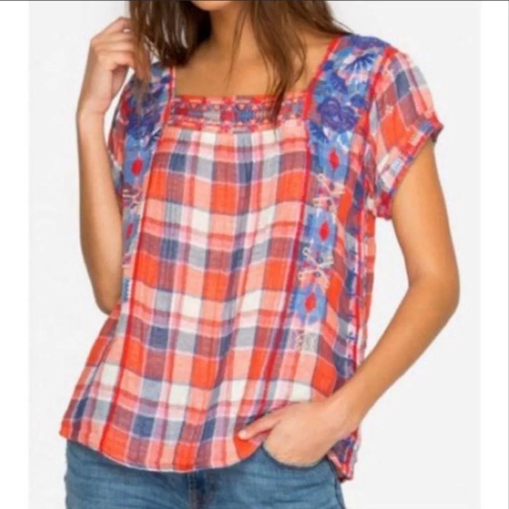 Johnny Was Workshop Zelda Mexican Plaid Embroidered Short Sleeve Red/Blue/White - Image 2