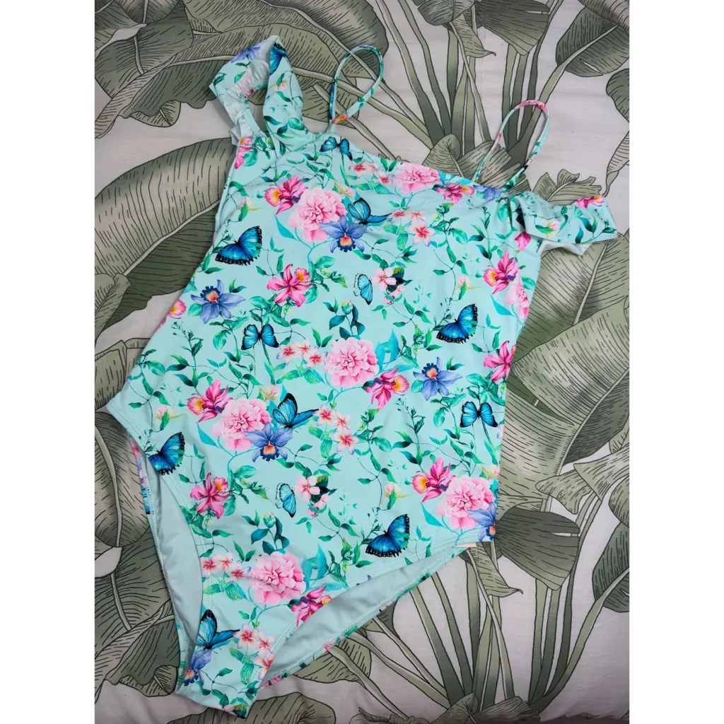 Nanette Lepore Blue Floral Butterfly Ruffle Strap One Piece Swimsuit Size 12 - Image 7