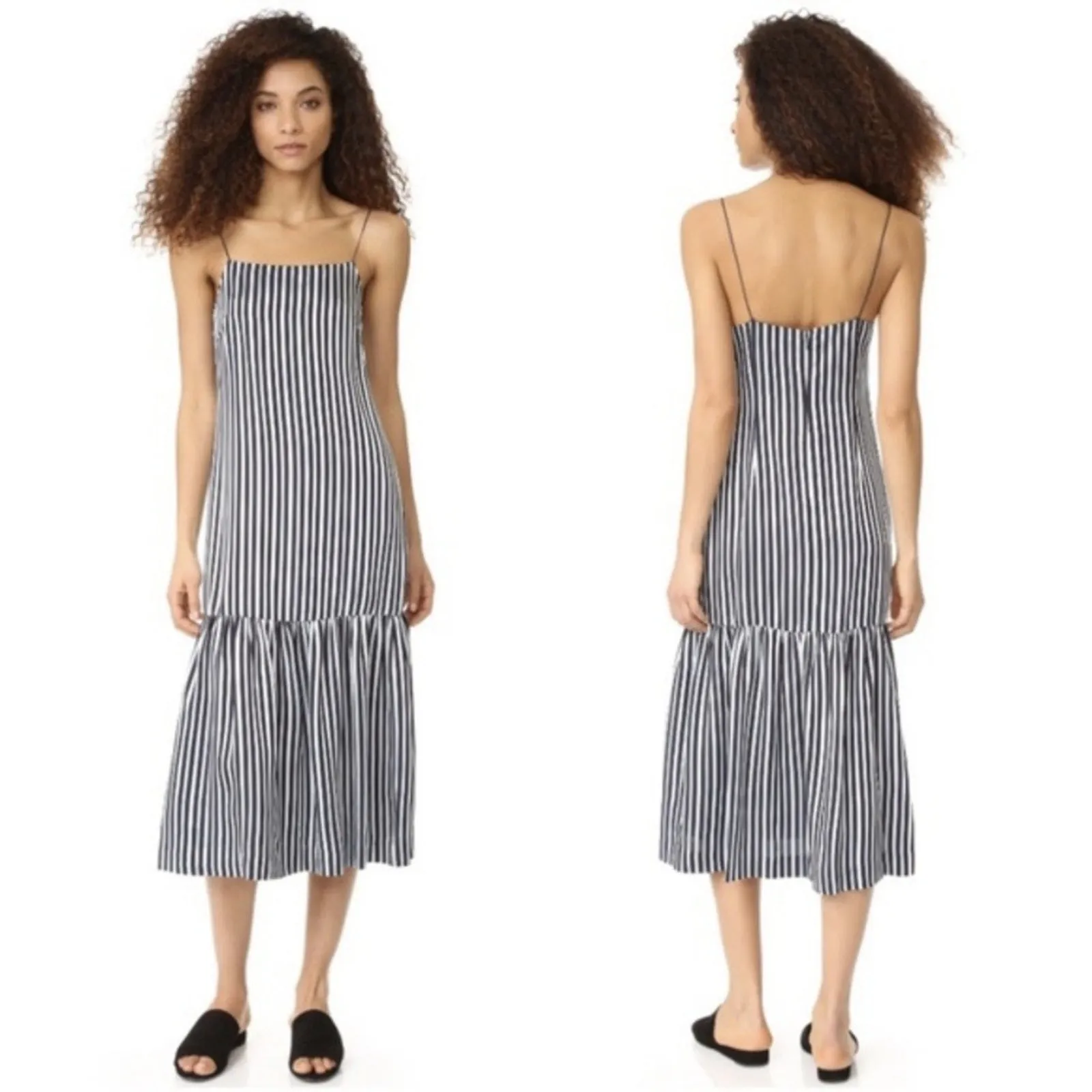 Elizabeth and James Jewel Cami Dress Womens 4 Navy White Striped Midi Flounce - Image 9