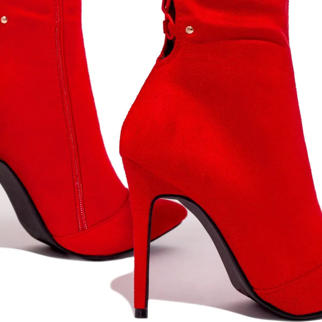 New Red Stretchy Over The Knee Thigh High Boot Gold Studded Stiletto High Heel - Image 9