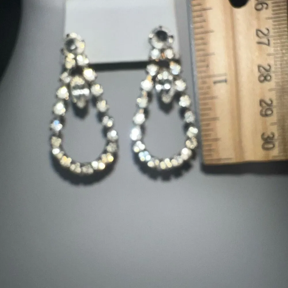 Vintage Prong Set Double Loop Rhinestone Earrings Silver - Image 7