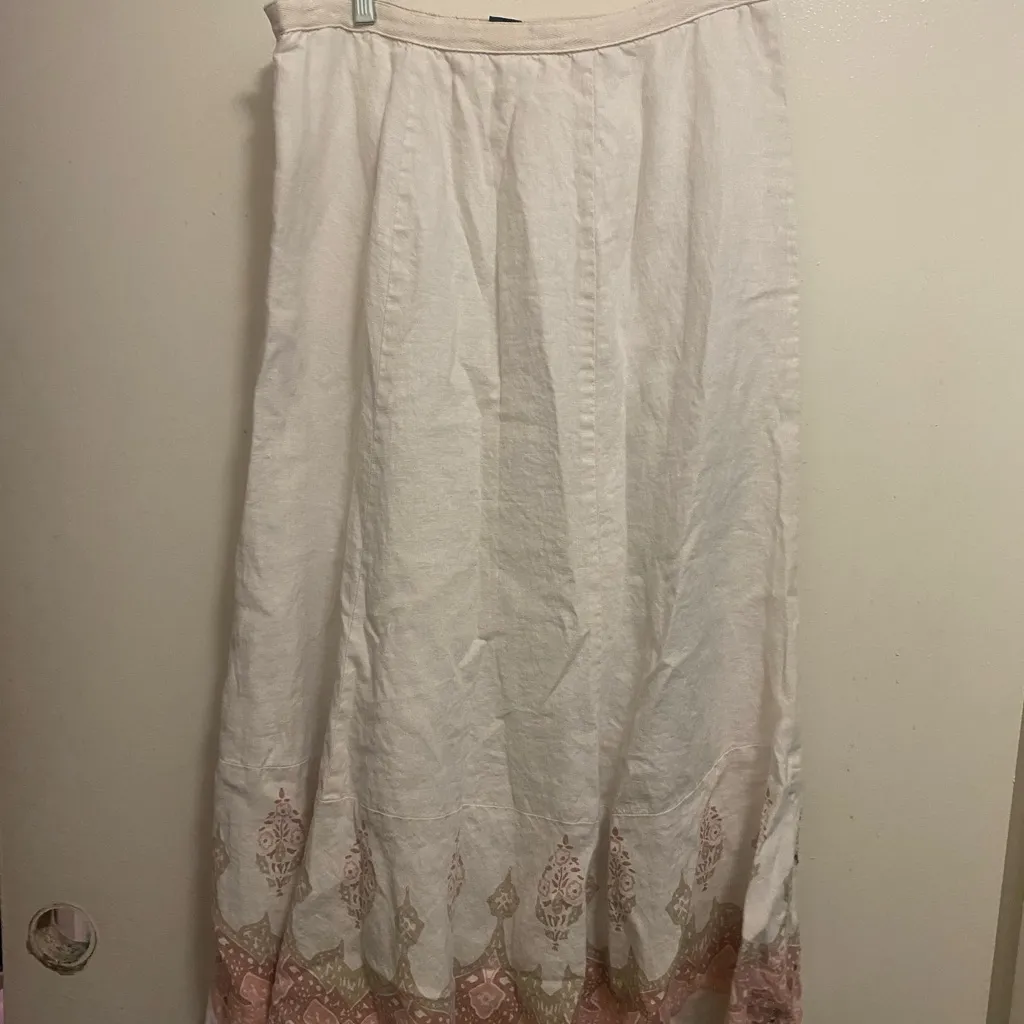 Karen Kane  Linen Maxi Skirt Size 8 White Pink Beige Boho Print Bottom Waist 30” - Image 7