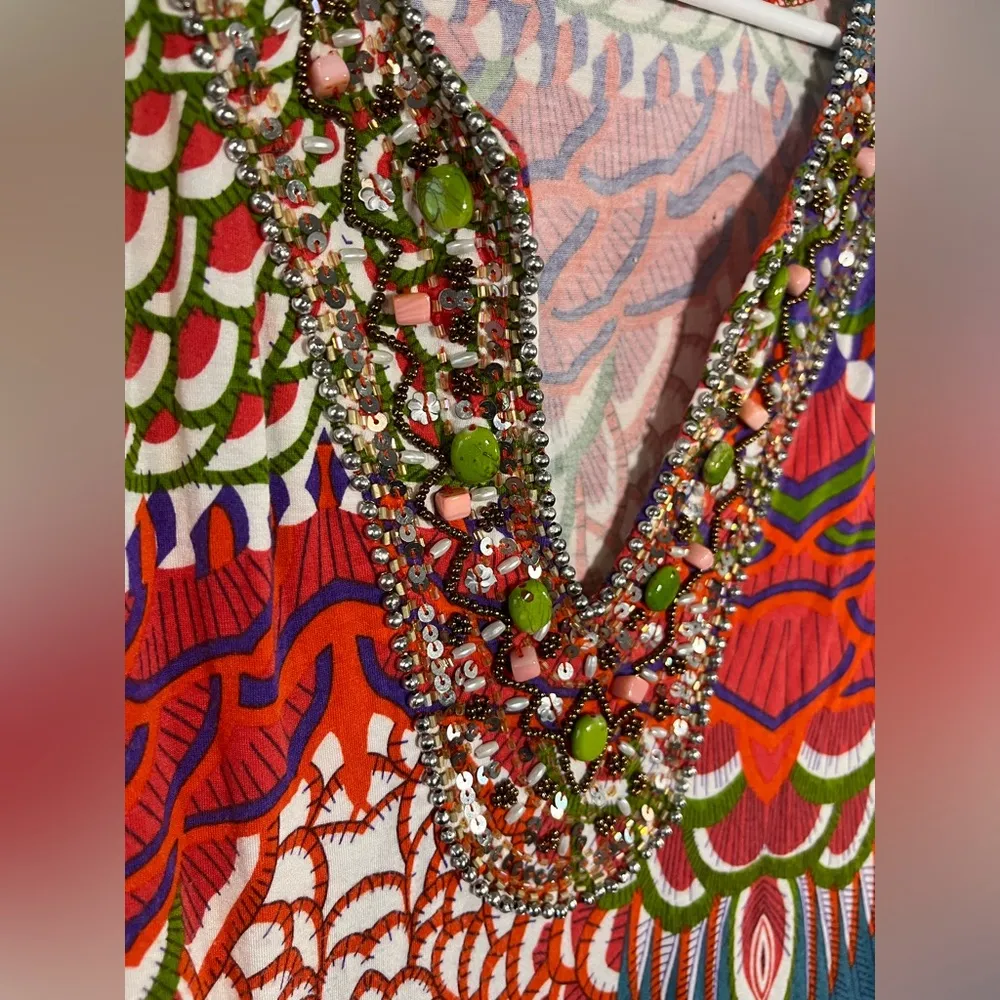 Joyous & Free Cap Sleeve Midi Dress Medallion Boho Beaded Sequins Rocks Sz Small Red - Image 10