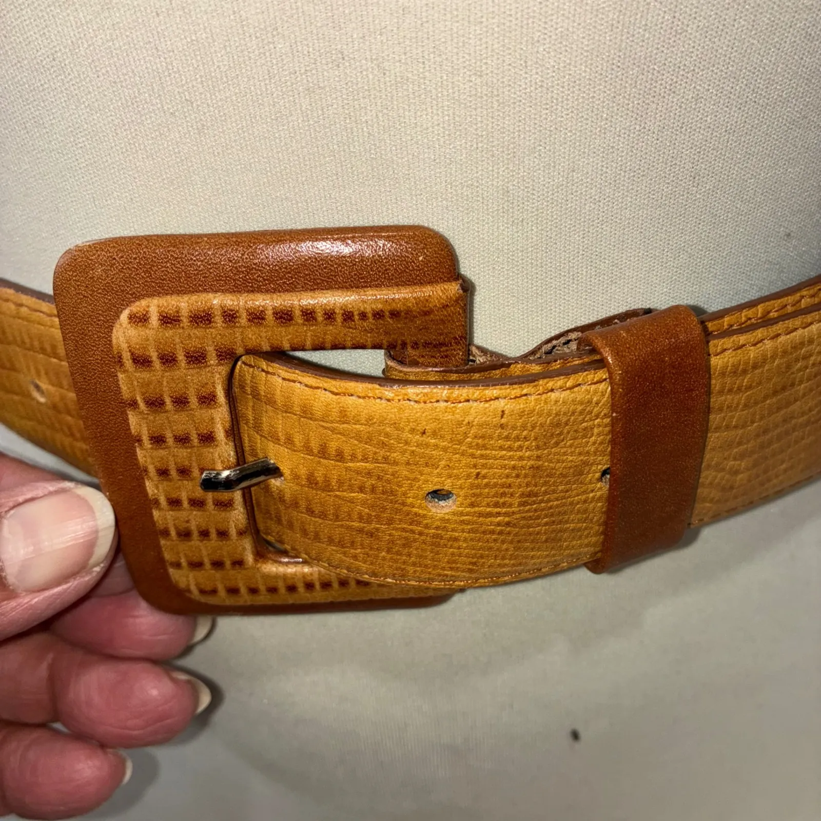 VTG Liz Claiborne Genuine Leather Lizard Print Belt S Brown Square Buckle Retro - Image 8