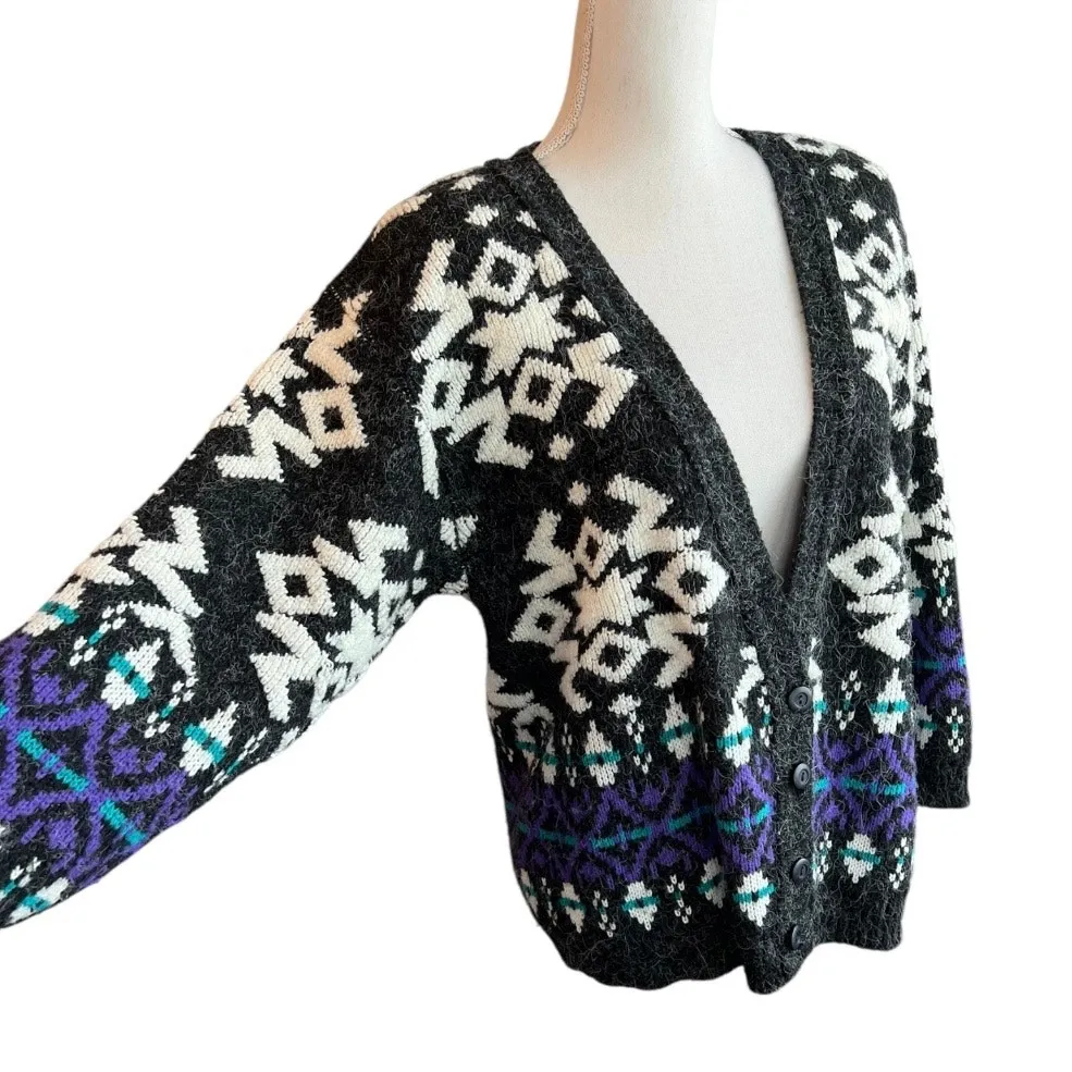 Vintage 90s snowflake cardigan sweater button down knit winter holiday Gray Size M - Image 3