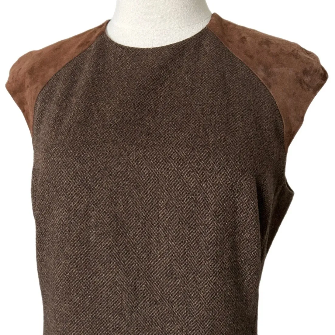 Ralph Lauren Black Label Brown Tweed Suede Cap Sleeve Sheath Midi Dress Size 12 - Image 3