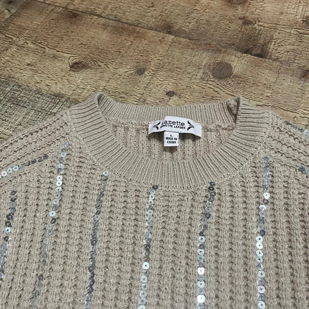 Nanette Lepore | Women's Brown Sequin Holiday Knit Crewneck Sweater Sz L - Image 5