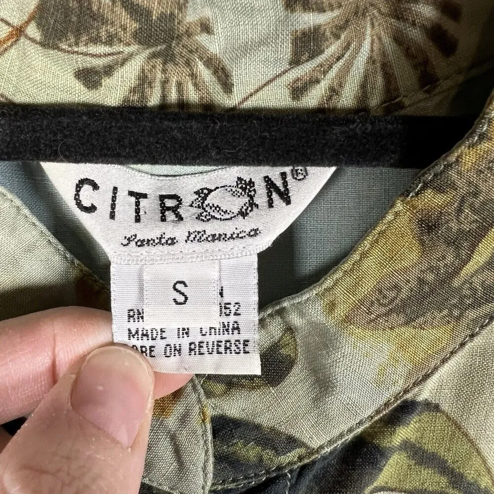 Citron button down Silk Linen tropical hawaii print Women’s Sz Small 3/4 Sleeve Green - Image 7