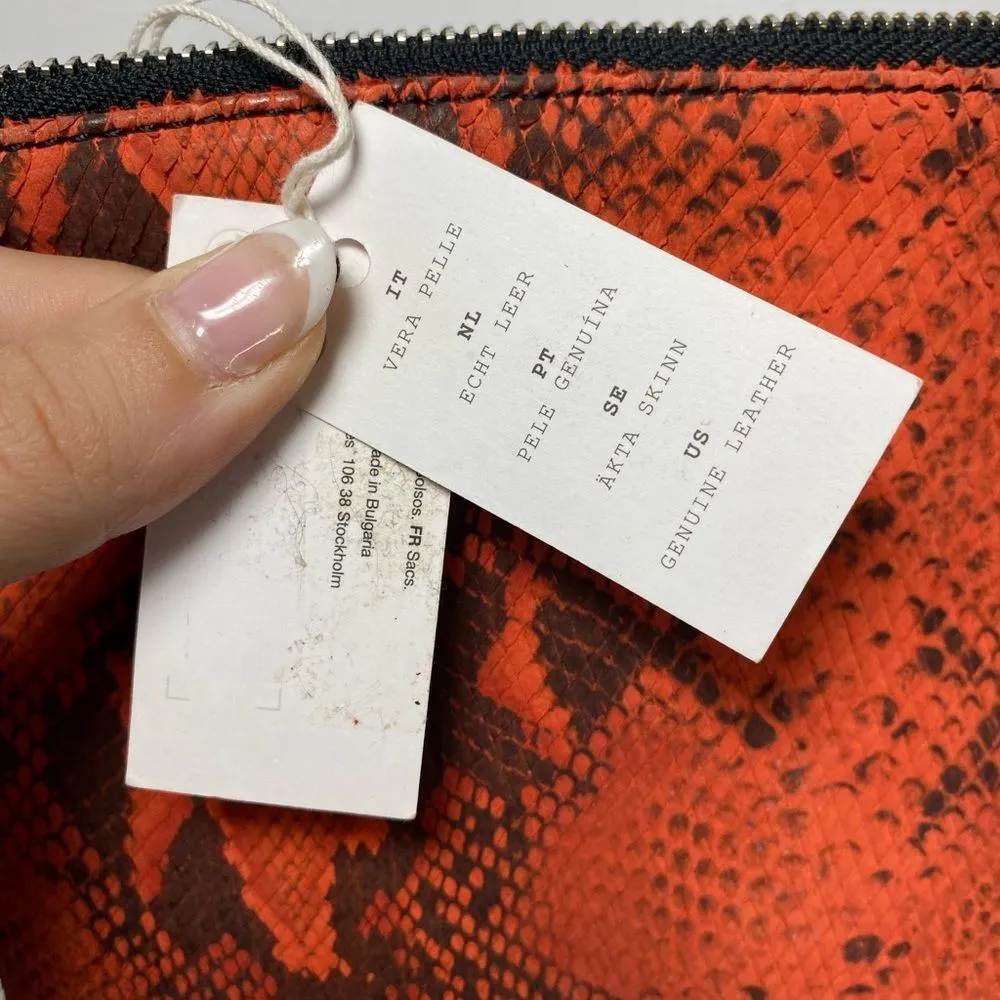 & Other Stories NEW Leather Snakeskin Small Zipper Wristlet Pouch Orange/Black - Image 12