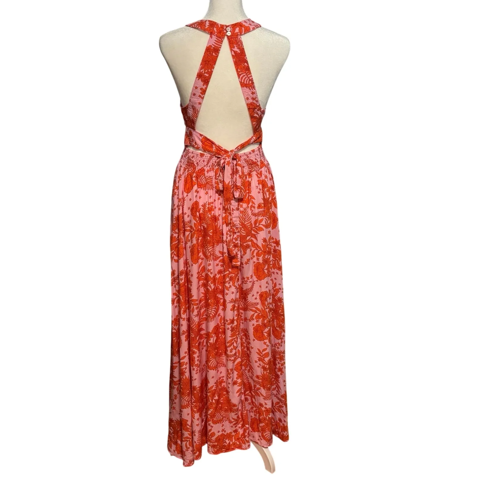 Abel the Label Anthropologie Size XS Floral Print Halter Maxi Dress Orange Pink - Image 2