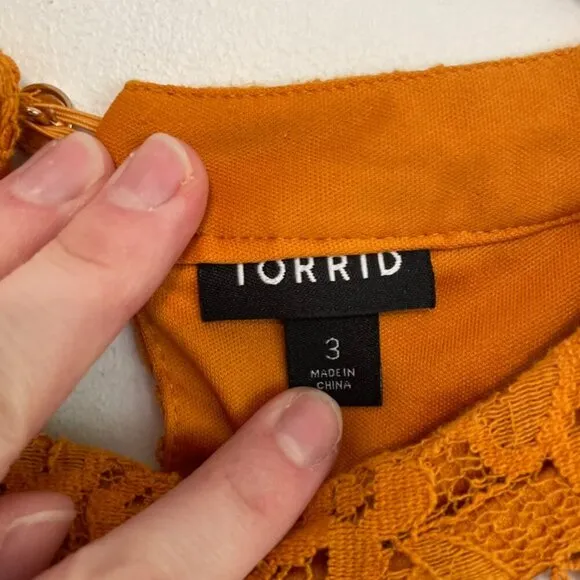 TORRID 3 Plus Size Mini Lace Trapeze Dress Orange Golden High Neck Boho Party 3X - Image 8
