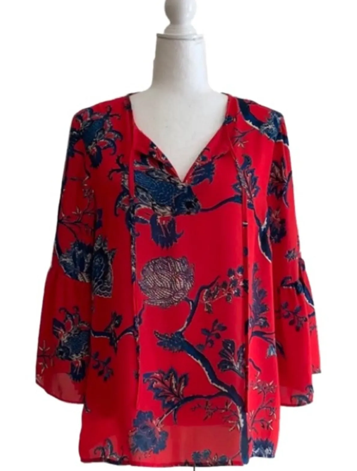 Violet + Claire Blouse Too Red Blue Floral Split Neck 3/4 Bell Sleeves Medium - Image 1