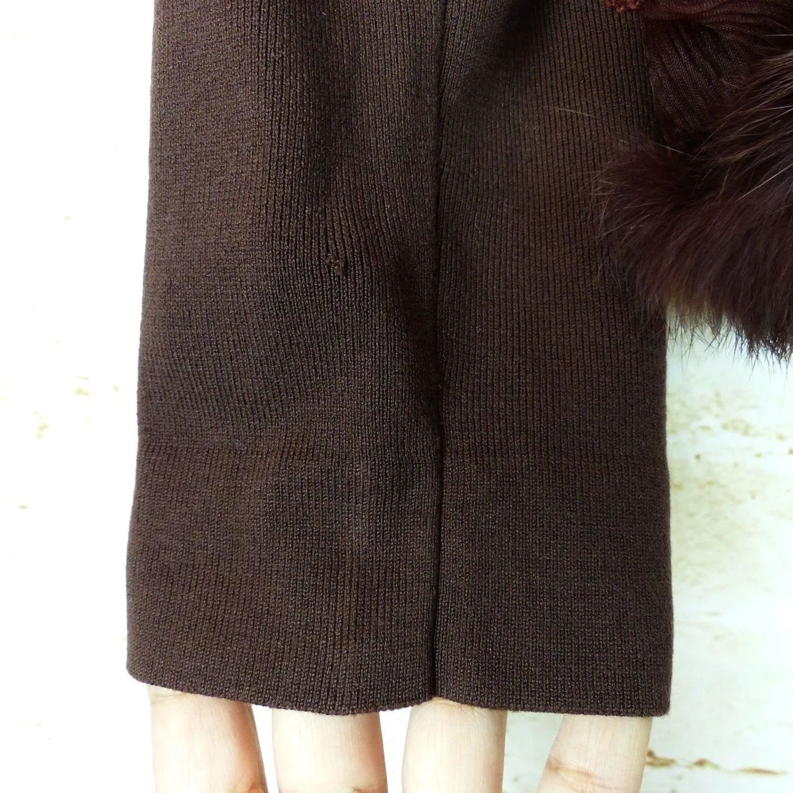 VTG Joseph A. Cardigan Women XL Brown Silk Blend Faux Fur Trim Crop Sweater Y2K - Image 8