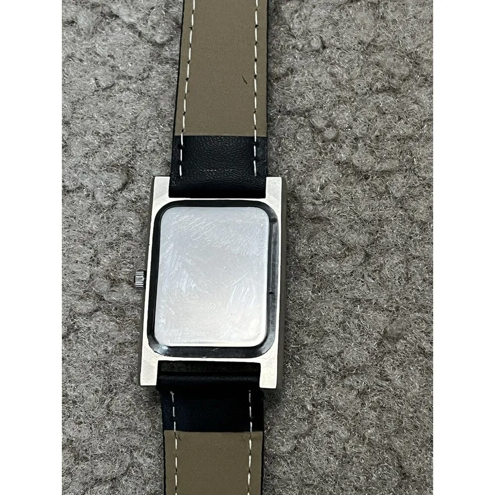 Geoffrey Beene Silver Tone Black Rectangle Faux Leather Wristwatch New Band - Image 6