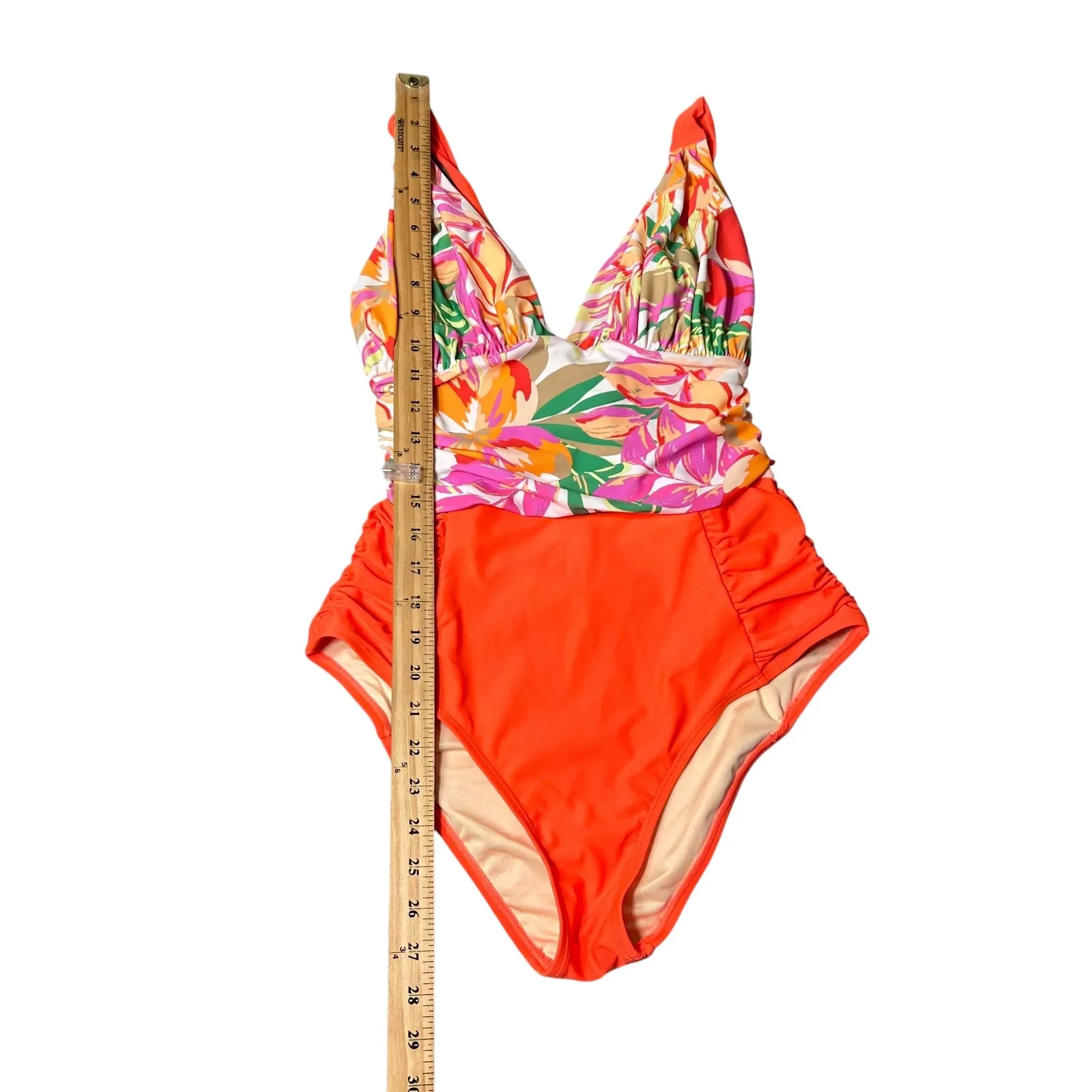 New Womens Swimsuit S/M Floral One Piece Ruched Orange Accents Pool Beach - Image 6