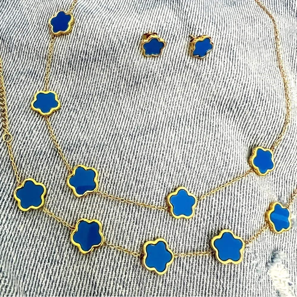 18K Gold Plated Blue clover necklace Set stainless steel womens jewelry - Image 3