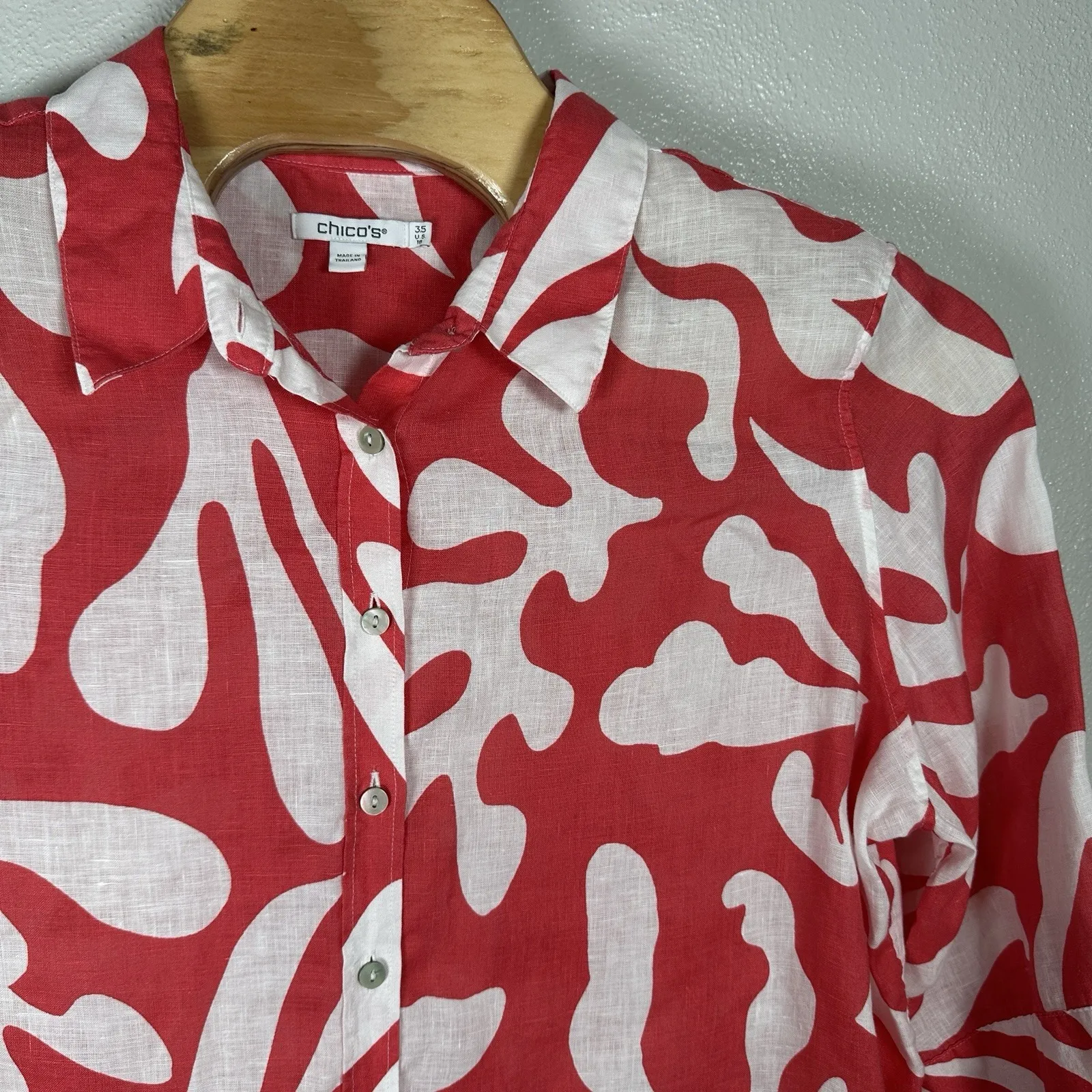 Chicos Red White Print 3/4 Sleeve Button Up Shirt 100% Linen Womens 3.5/18/XL - Image 2