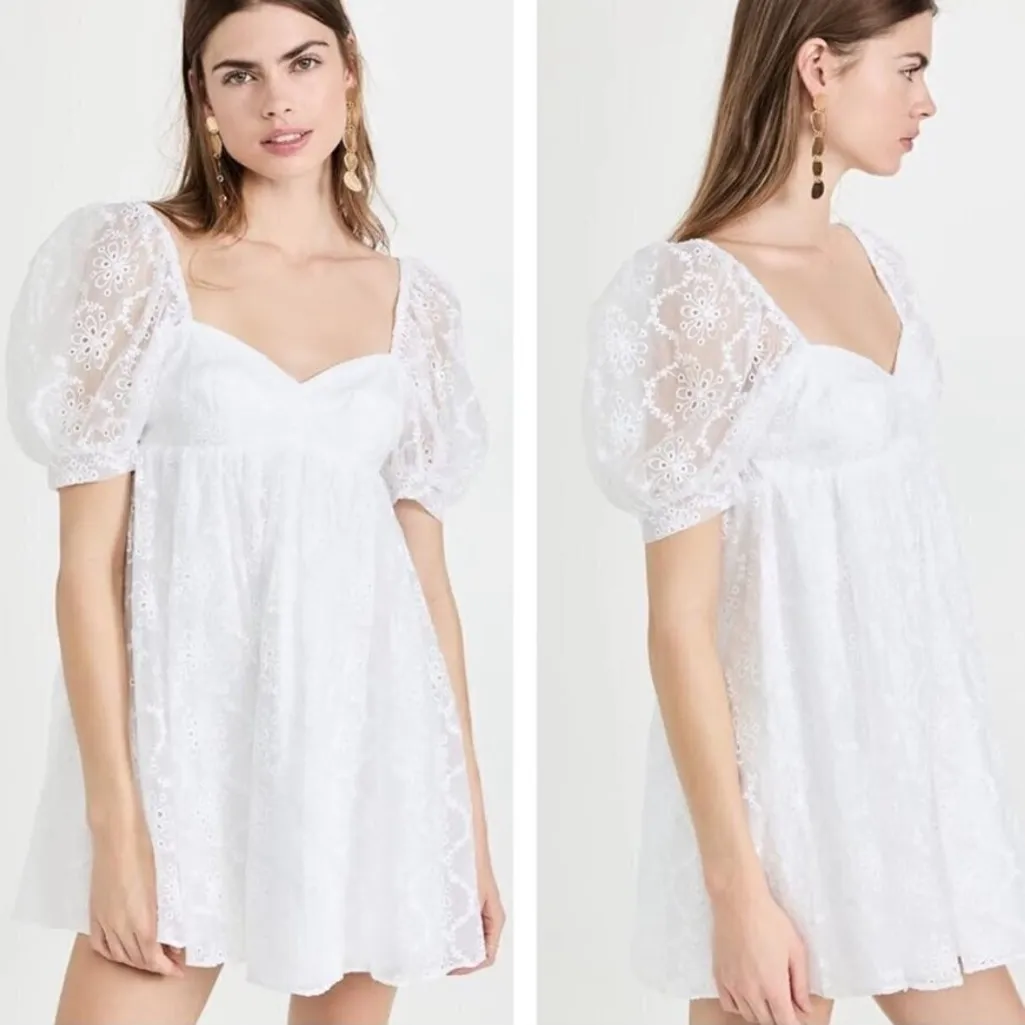 Amanda Uprichard Candia Embroidered Eyelet Puff Sleeve Babydoll Mini Dress White - Image 2