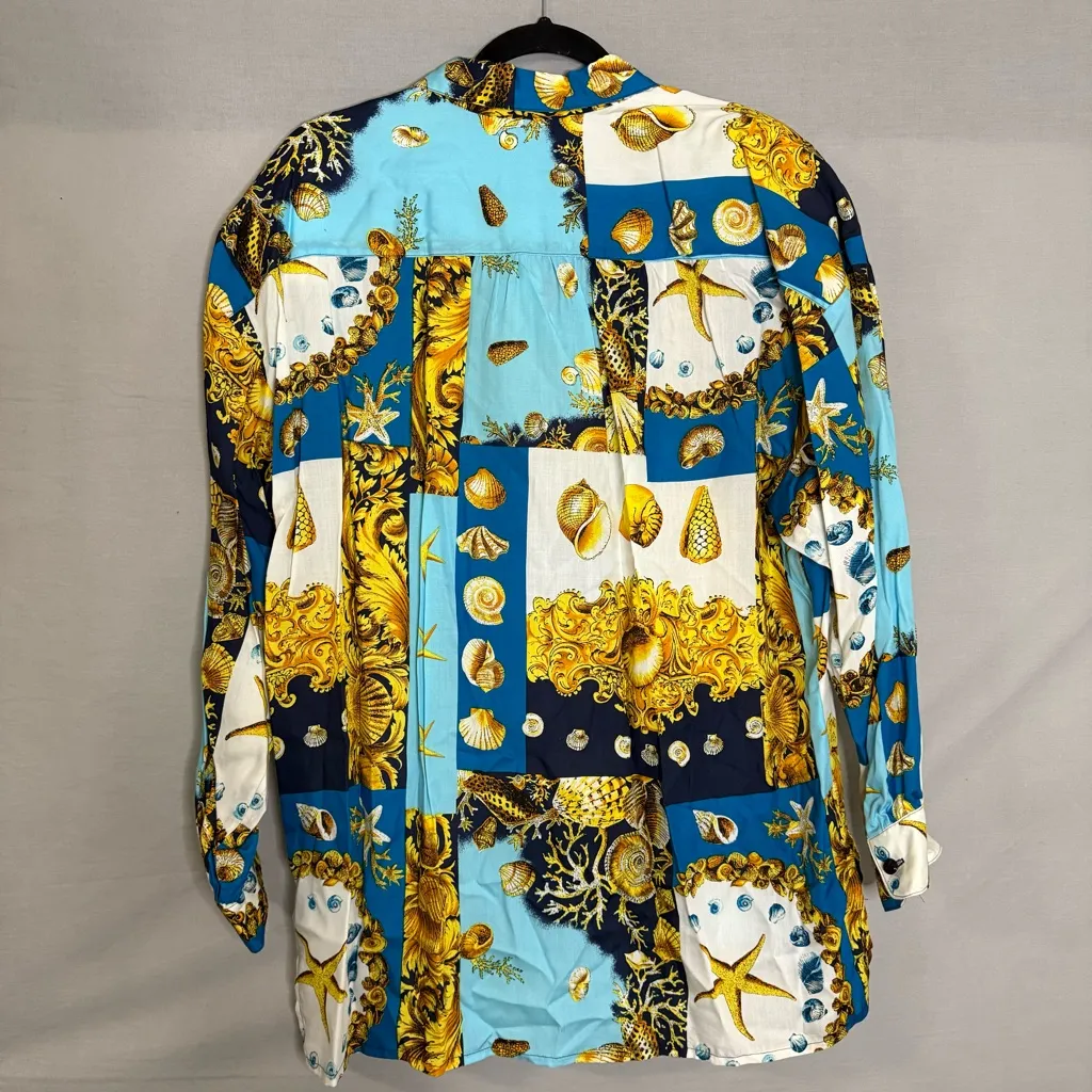 Vintage 90s Baroque Brownstone Studio Button Up Seashell Ocean‎ Plus Size 18 Blue - Image 2