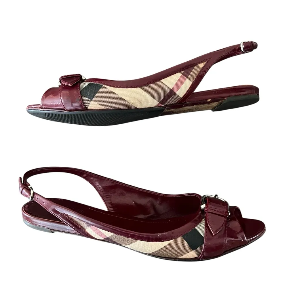 Burberry Women’s Vintage Butgundy Patent Leather Nova Check Peep Toe Flats 41 - Image 7