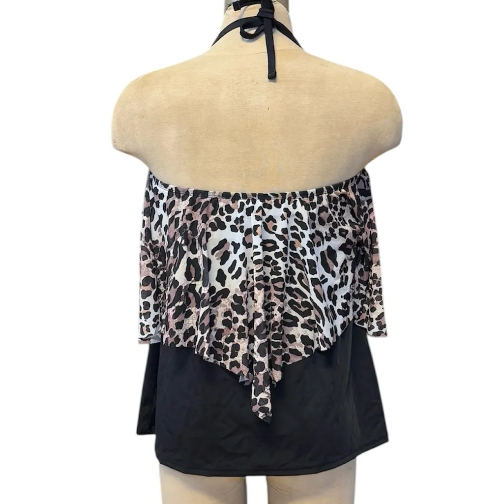Swimsuits for All Tankini Top Swim Leopard Print Halter Handkerchief 16 New Brown - Image 2