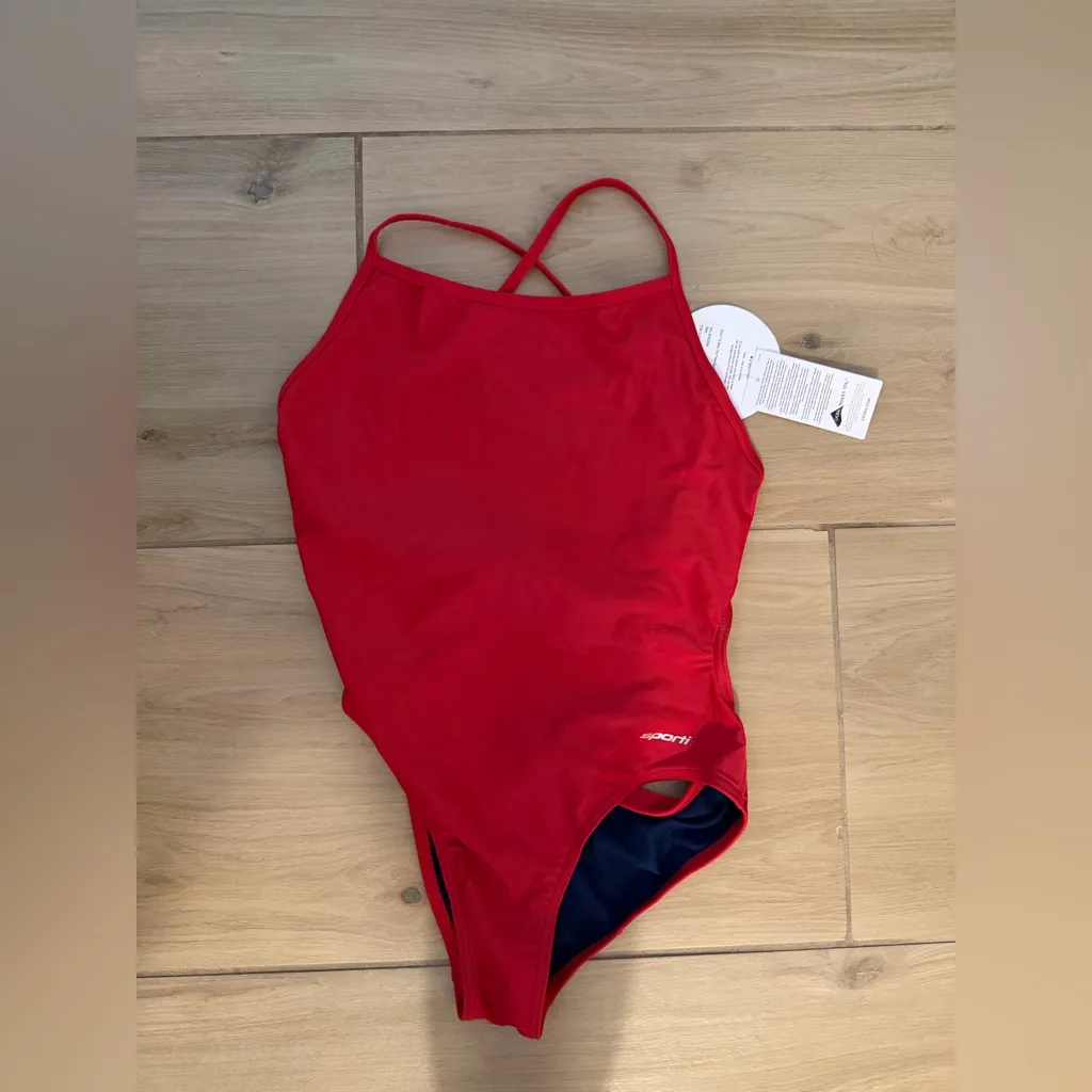 NEW Red Sporti One Piece Swimsuit Athletic Tie Back Competitive Slimming 34 - Image 4