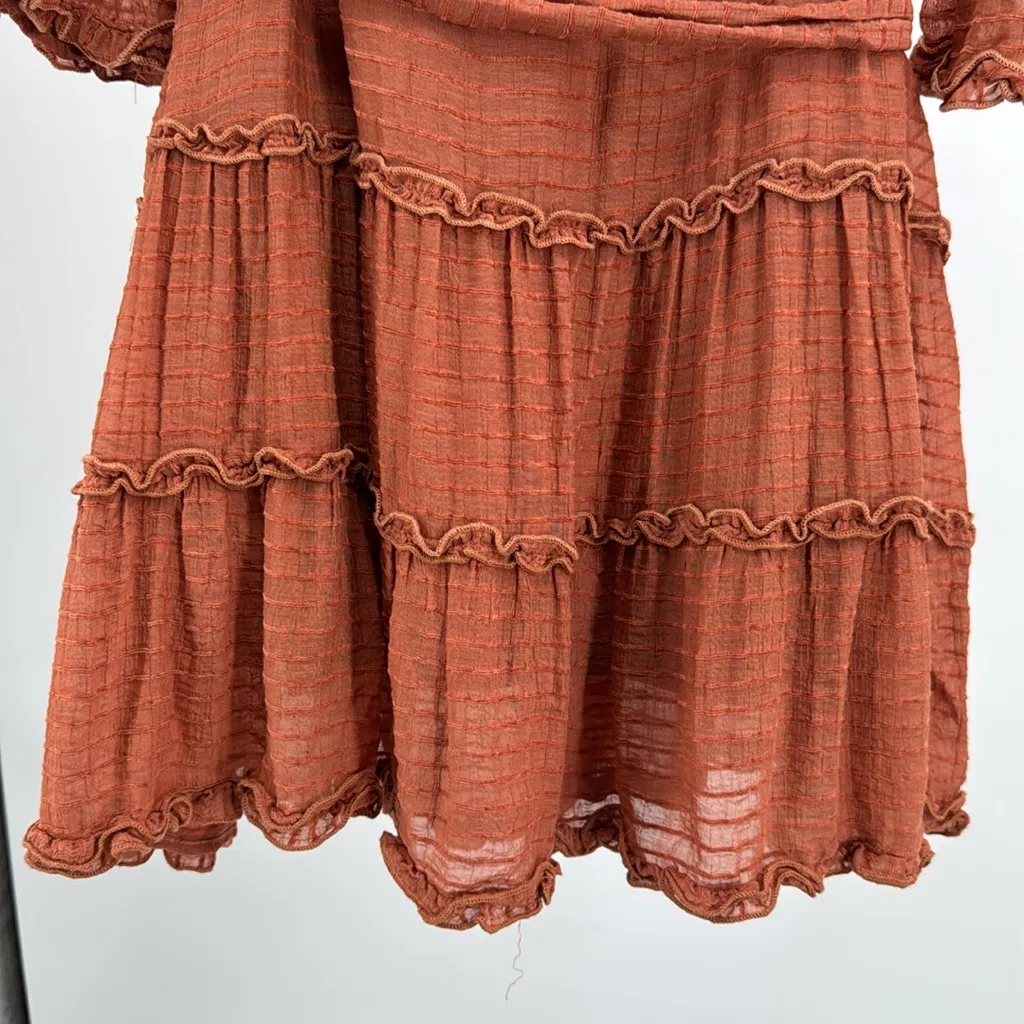Entro Terracotta V-Neck textured tiered lined Dress S rust puff long sleeve - Image 12