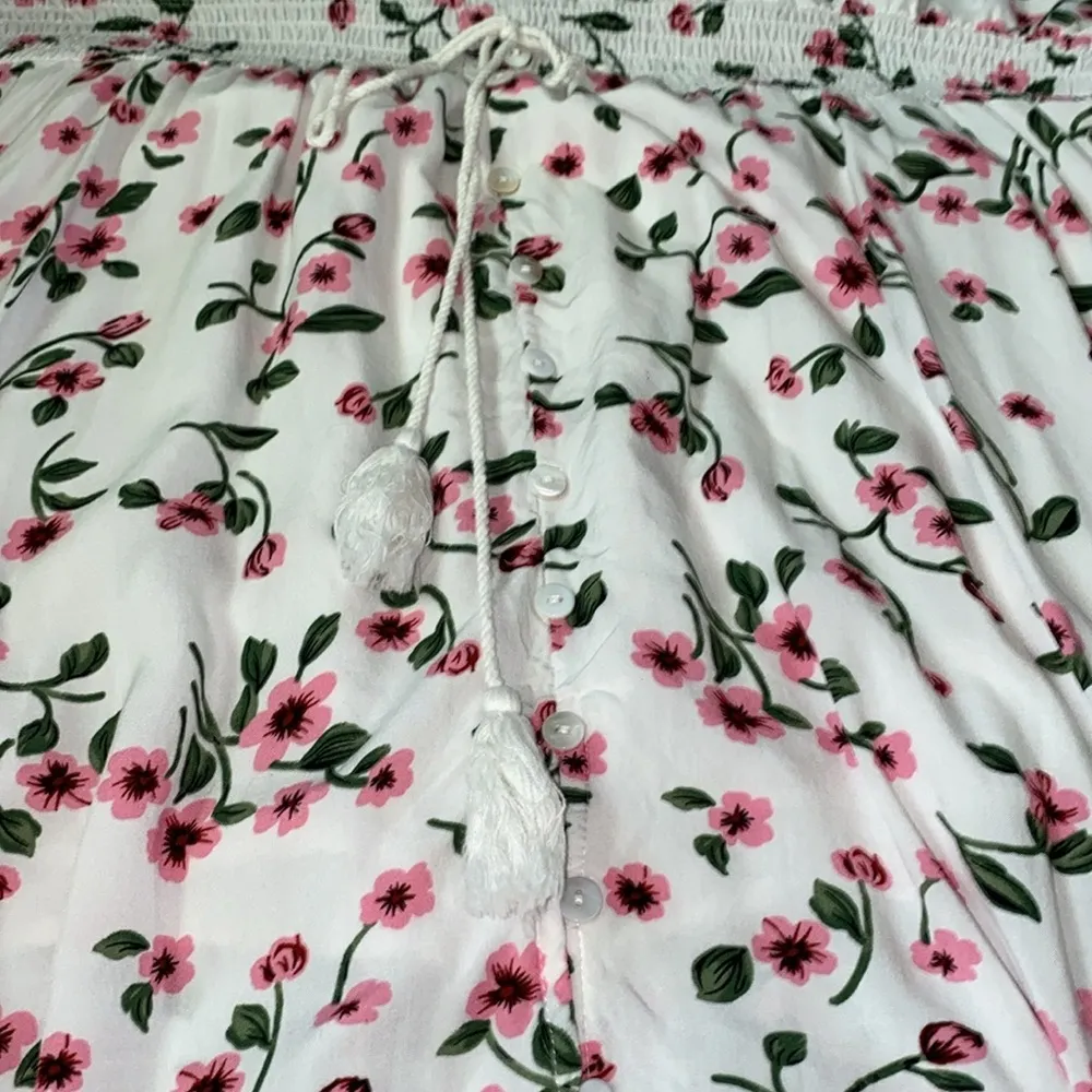 BEACH PARTY floral maxi dress smocked stretchy waist tassel strings size XXL White - Image 6